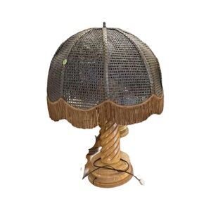 Vintage MCM 60's Brown Wicker Wooden Table Lamp with Fringe